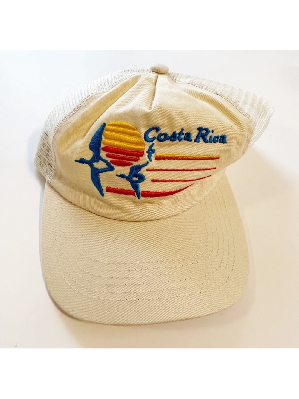 Free People Cream Trucker Hat with Blue, Yellow and Red Embroidery